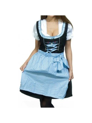 Dirndl Oktoberfestkjole, blått og hvitt forkle og brodering, Plus Size LC 90042