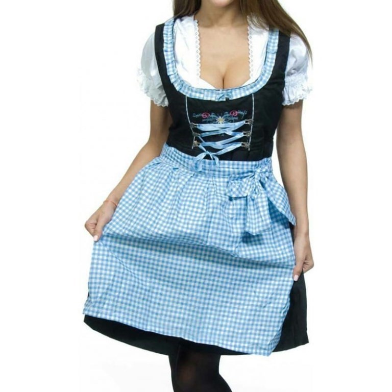 Dirndl Oktoberfestkjole, blått og hvitt forkle og brodering, Plus Size LC 90042